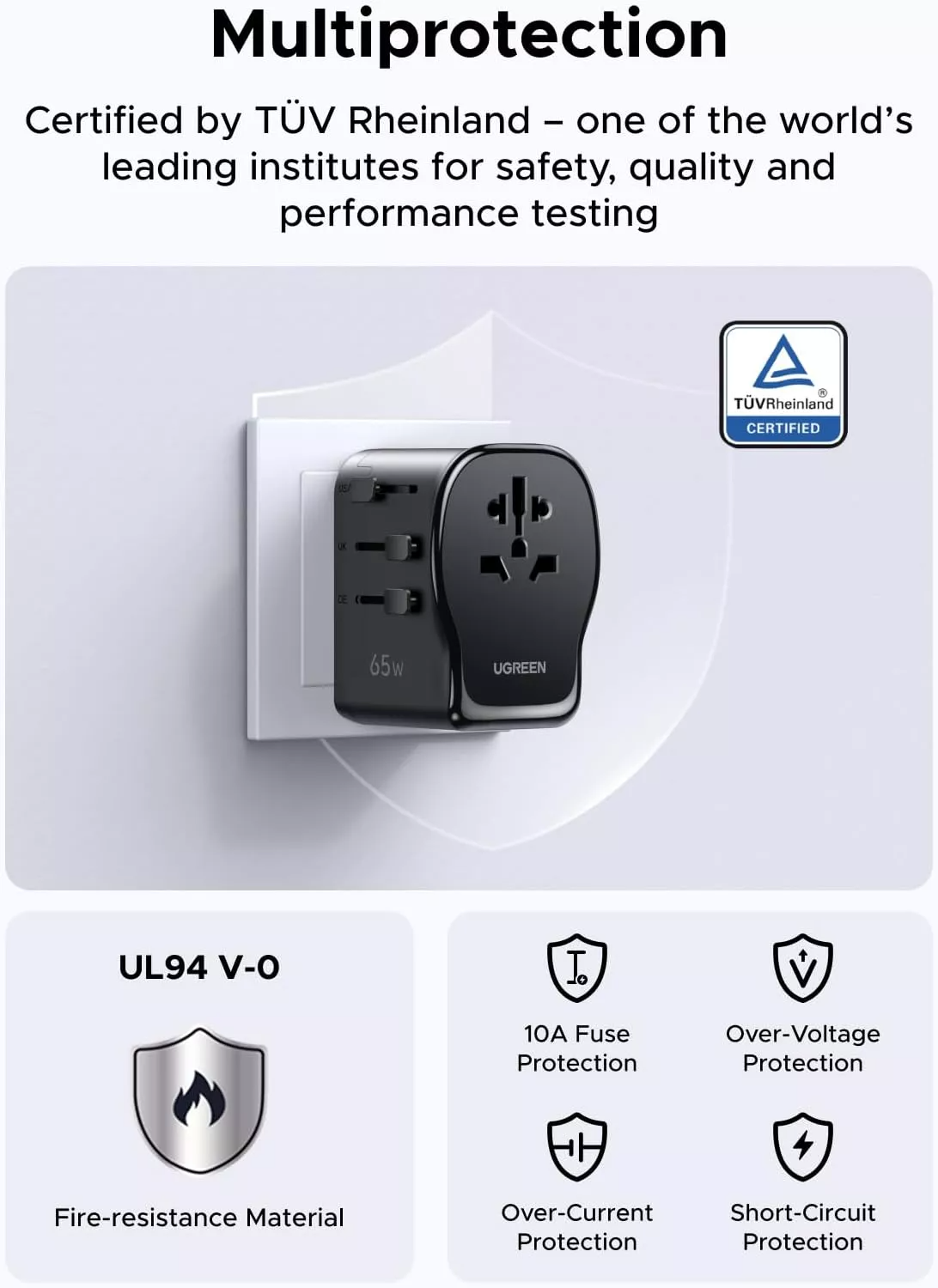 UGREEN Travel S550 nettadapter (55001), 65W, 3,25A, 1 x USB-A - 2 x USB-C, svart