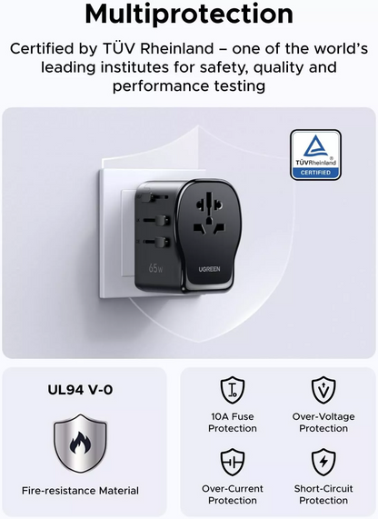 UGREEN Travel S550 nettadapter (55001), 65W, 3,25A, 1 x USB-A - 2 x USB-C, svart