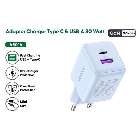 UGREEN X516 Nettlader, 30W, 3A, 1 x USB-A - 1 x USB-C, Blå
