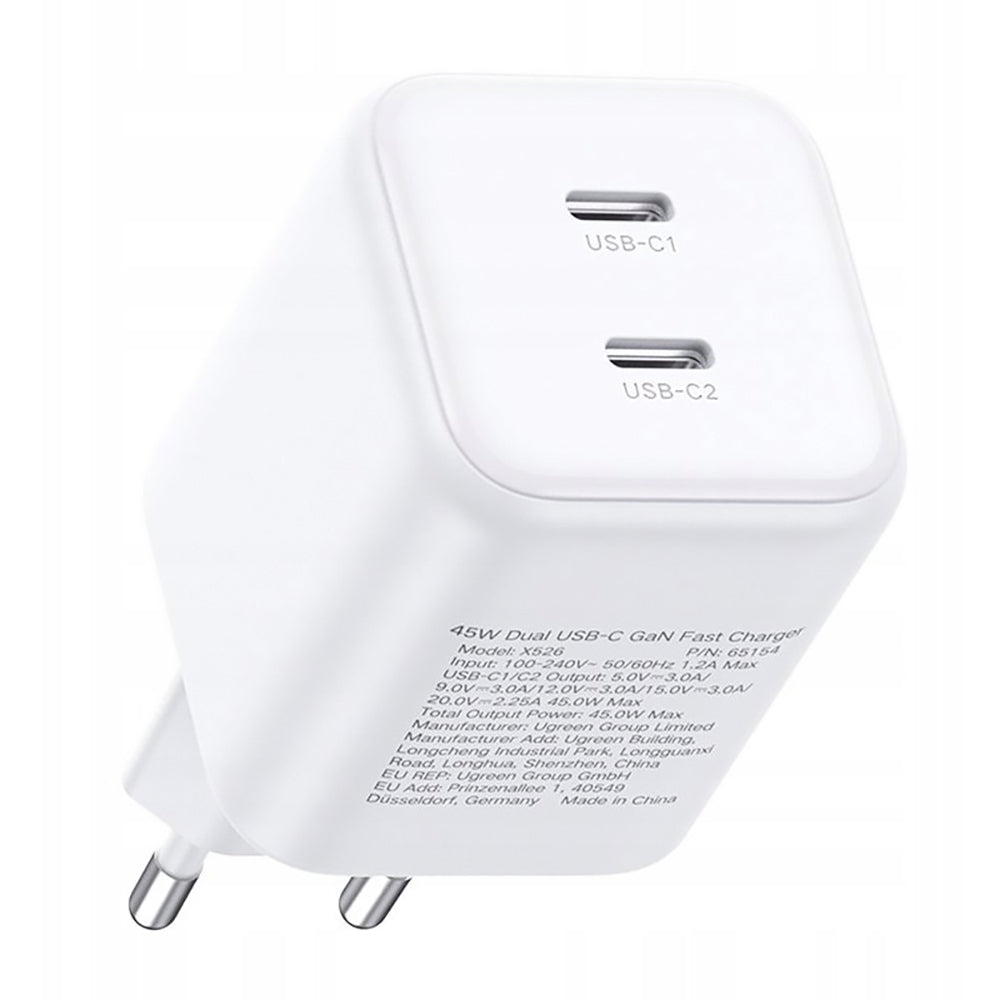 UGREEN X526 nettadapter (65154), 45W, 3A, 2 x USB-C, hvit