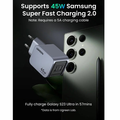 Nettverkslader UGREEN X707 Nexode Pro, 45W, 3A, 2 x USB-C, grå 