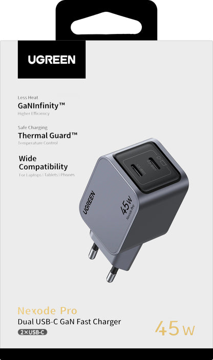 Nettverkslader UGREEN X707 Nexode Pro, 45W, 3A, 2 x USB-C, grå 