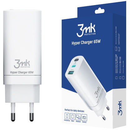 3MK HyperCharger nettadapter, 65W, 5A, 1 x USB-A - 2 x USB-C, hvit