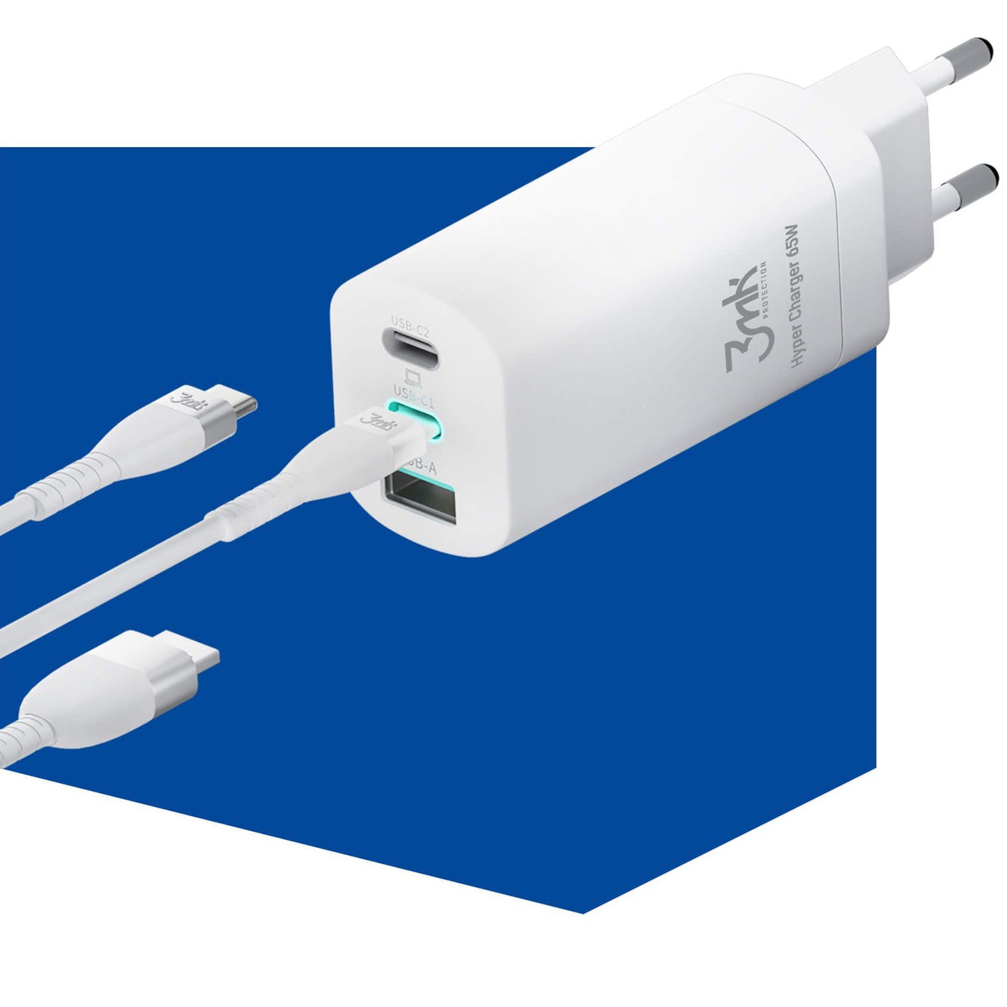 3MK HyperCharger nettadapter, 65W, 5A, 1 x USB-A - 2 x USB-C, hvit