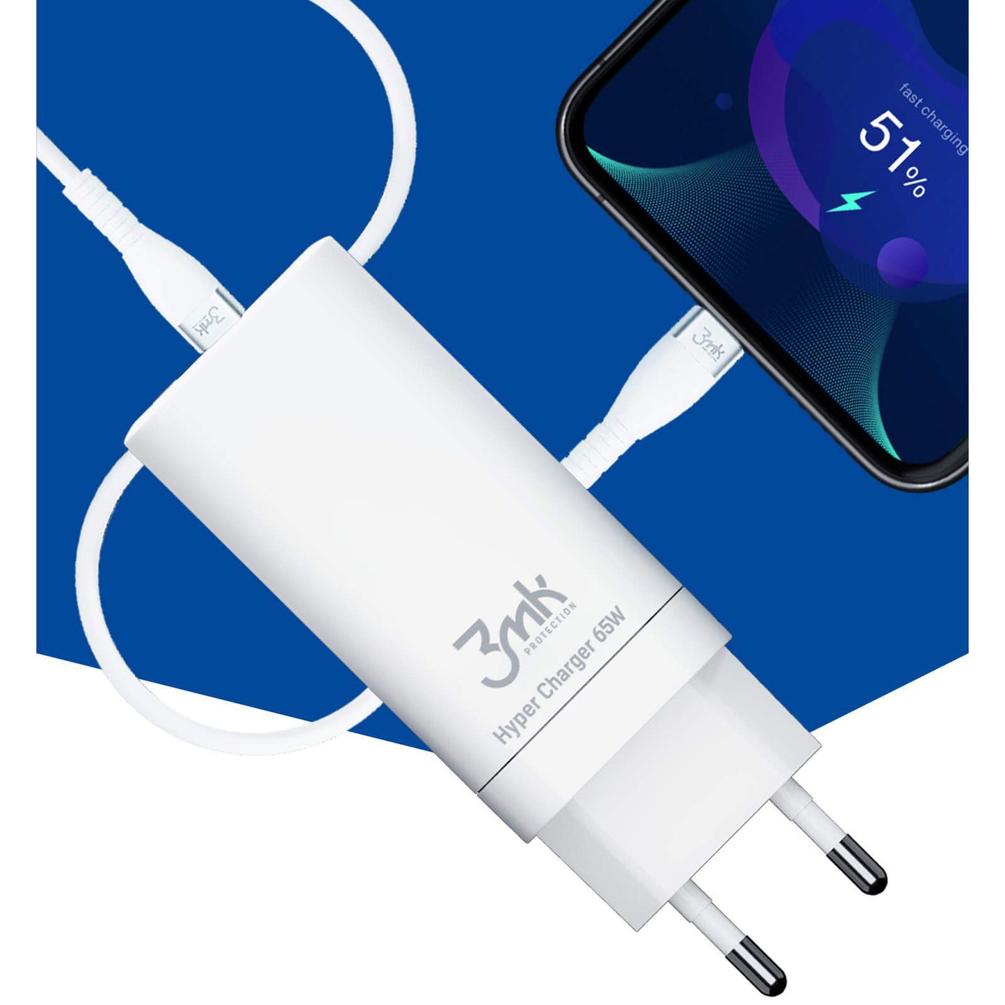 3MK HyperCharger nettadapter, 65W, 5A, 1 x USB-A - 2 x USB-C, hvit