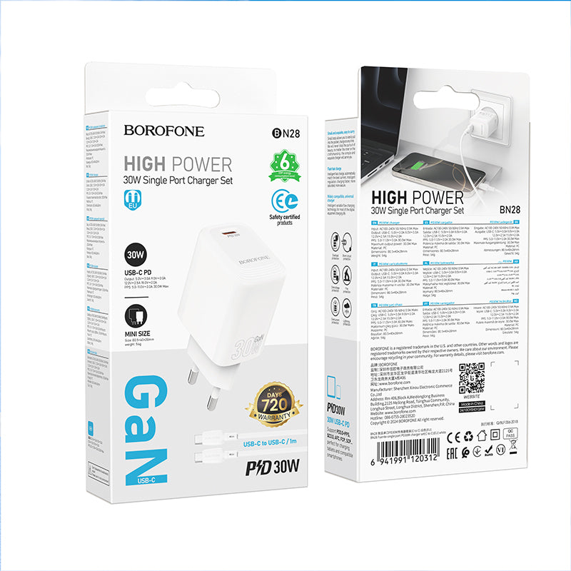 Nettlader med USB-C-kabel Borofone BN28 Fuente, 30W, 3A, 1 x USB-C, Hvit