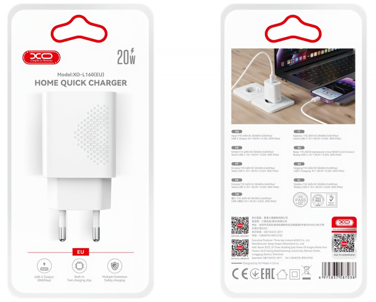 USB-C Nettlader XO Design L160, 20W, 3A, 1 x USB-C, Hvit