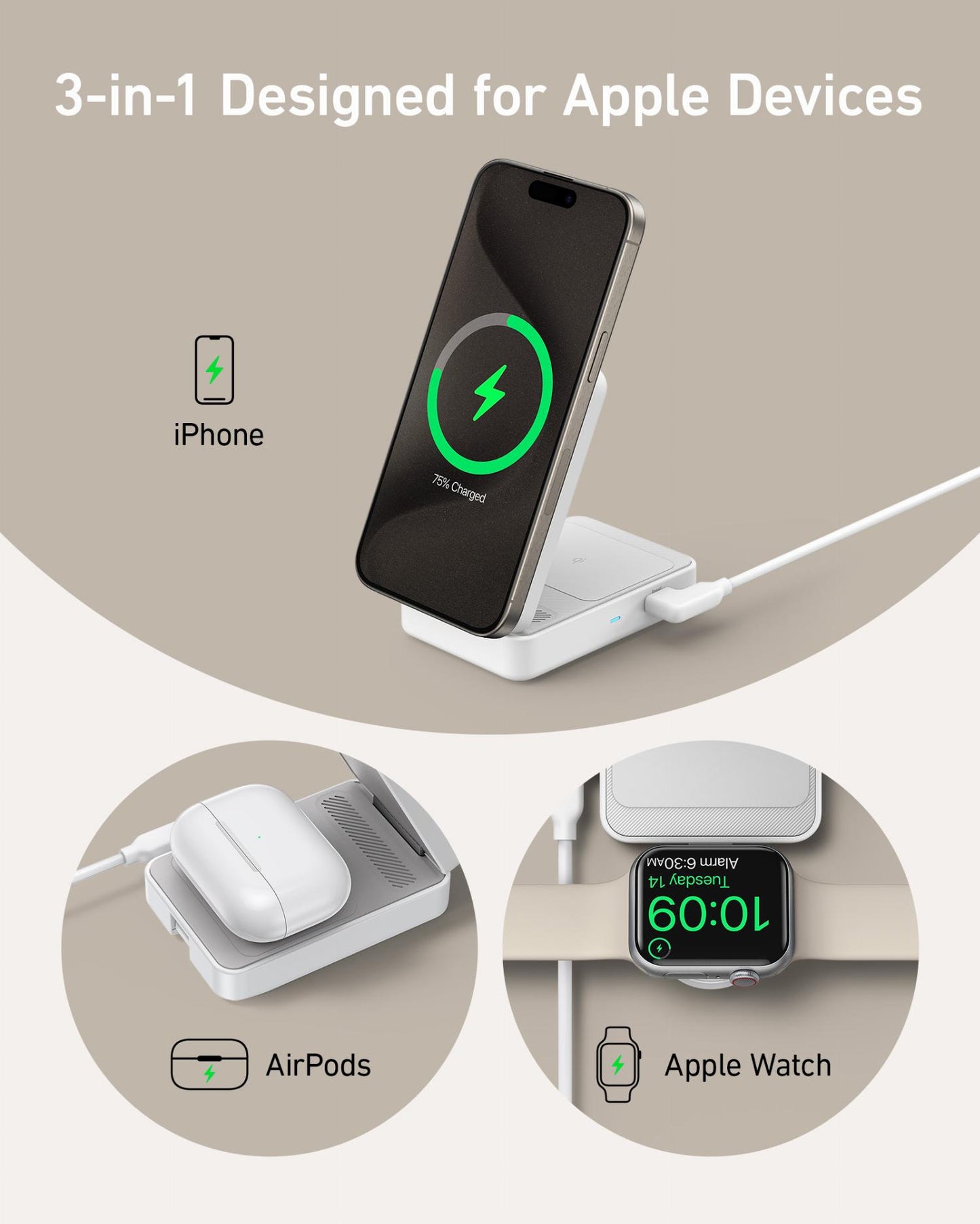 Anker MagGo 3in1 trådløs nettverkslader, 15W, 1.67A, Hvit B2557321