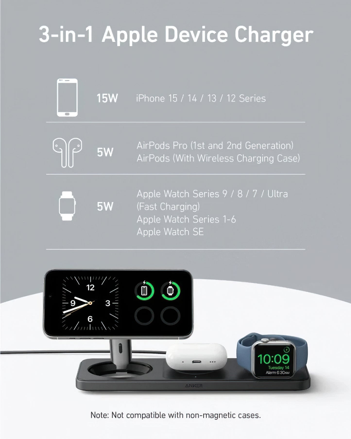 Trådløs Nettlader Anker MagGo 3in1, 15W, 1.67A, Svart B25M1311