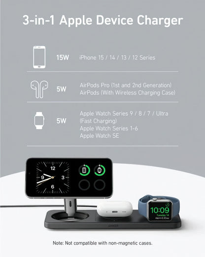 Trådløs Nettlader Anker MagGo 3in1, 15W, 1.67A, Svart B25M1311