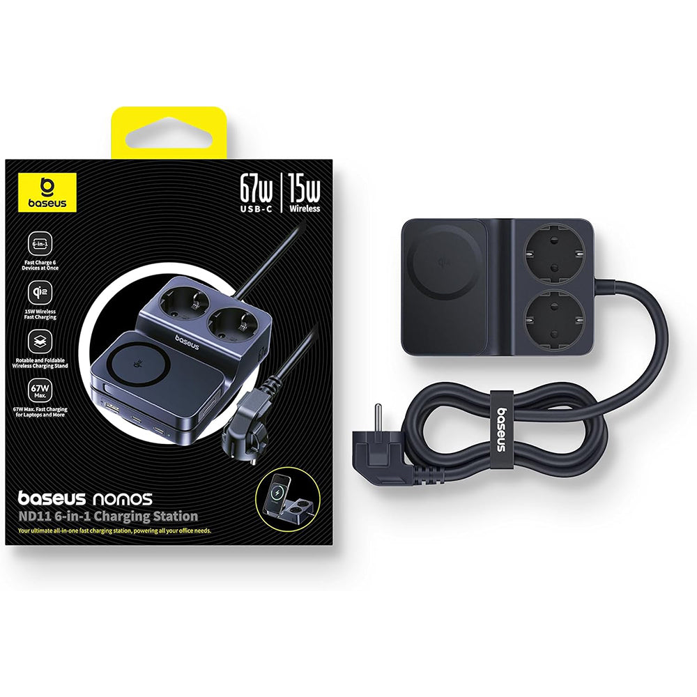 Baseus Nomos ND11 QI 6in1 ladestasjon, 67W, 3.35A, 1 x USB-A - 2 x USB-C - 2 x Schuko, Svart P80015804213-00