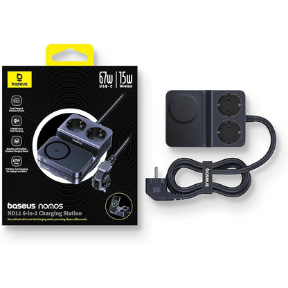 Baseus Nomos ND11 QI 6in1 ladestasjon, 67W, 3.35A, 1 x USB-A - 2 x USB-C - 2 x Schuko, Svart P80015804213-00