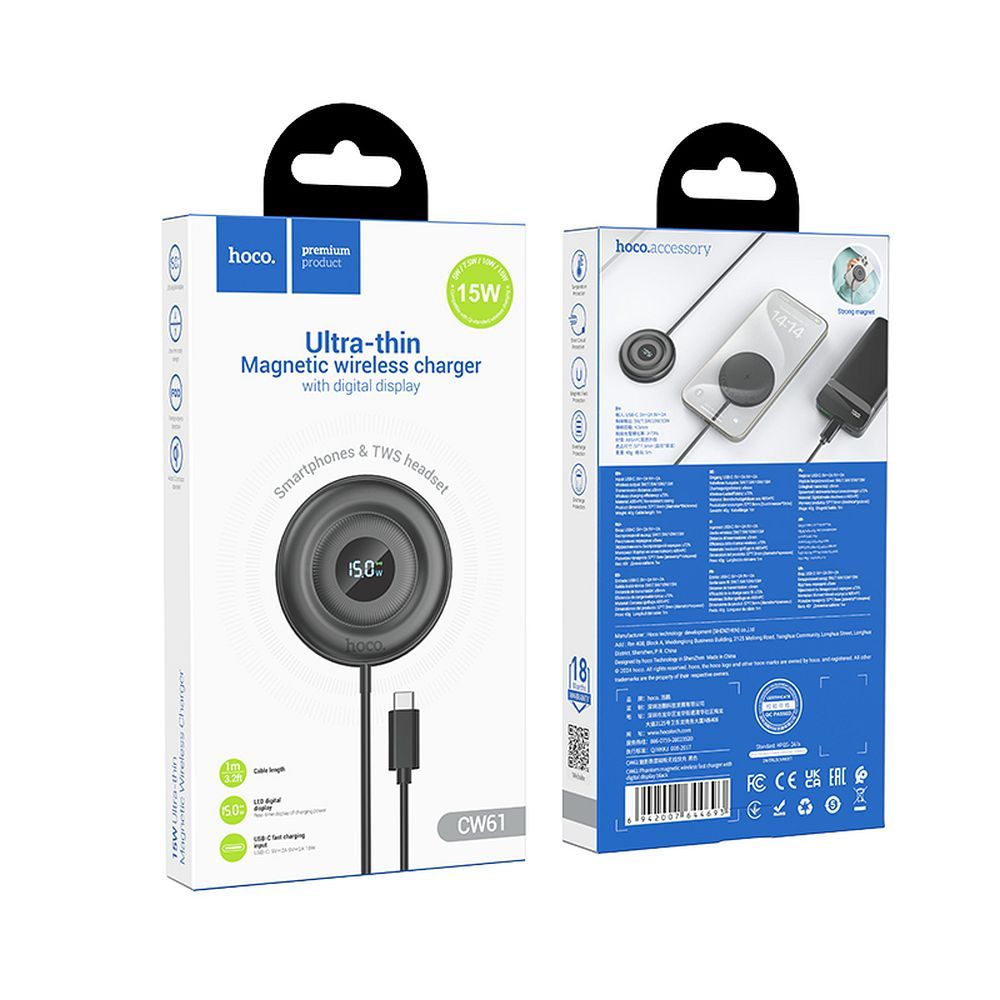 Trådløs Nettverkslader HOCO CW61, 15W, 1.67A, Svart