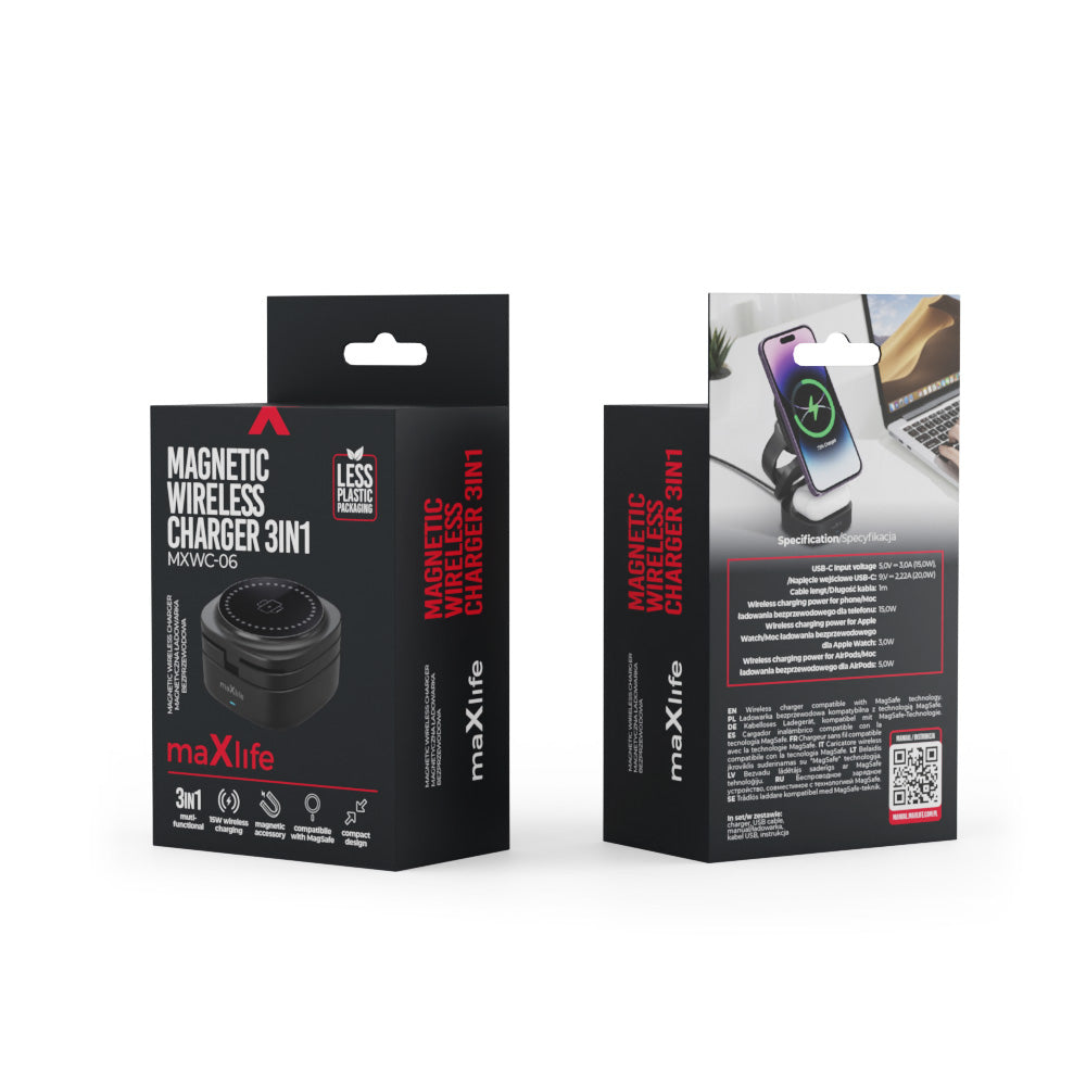 Trådløs Nettlader MaXlife MXWC-06 3in1, 15W, 1.67A, Svart