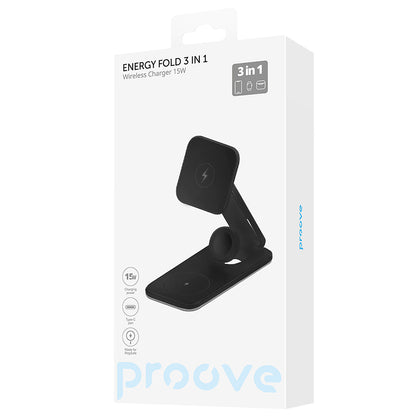 Trådløs Nettverkslader Proove Energy Fold 3in1, 15W, 1.67A, Svart WSEF15010001
