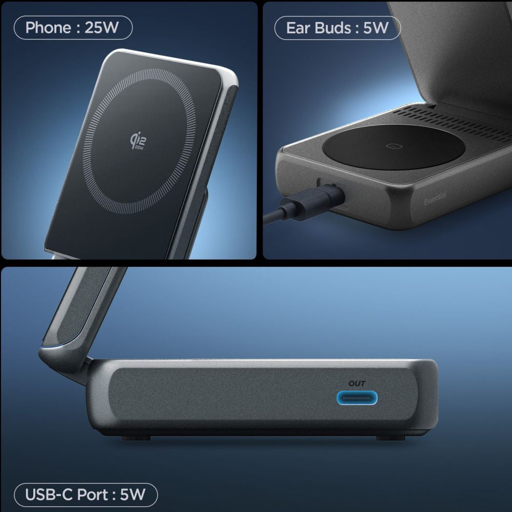 Trådløs Nettverkslader Spigen EF302MOQ 3in1, 25W, 1 x USB-C, Grå