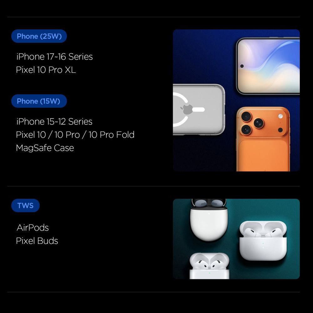 Trådløs Nettverkslader Spigen EF302MOQ 3in1, 25W, 1 x USB-C, Grå