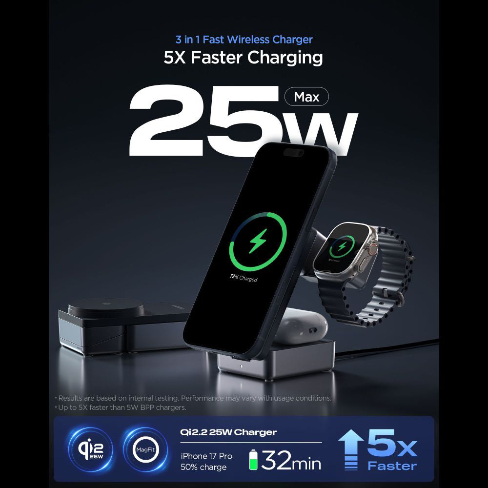 Trådløs Nettverkslader Spigen EF323MQ Essential 3in1, 25W, Svart ACH10398