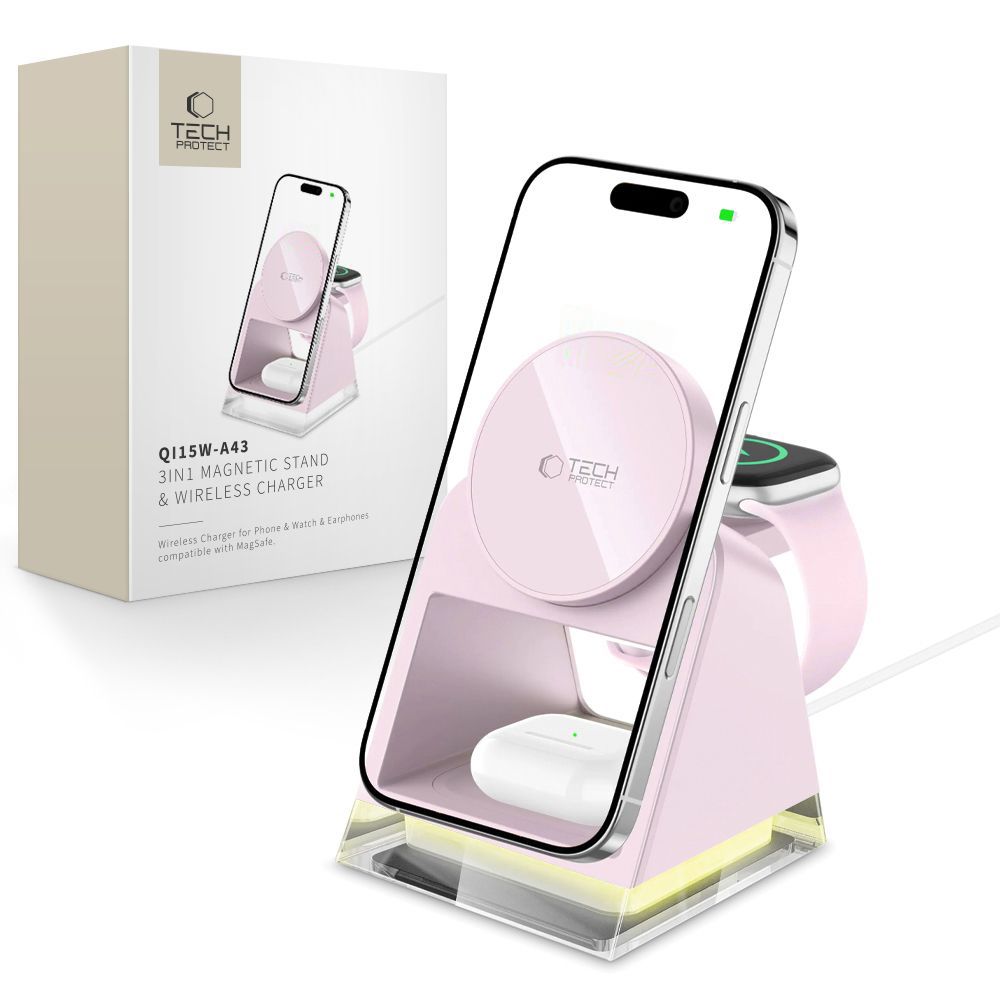 Trådløs Nettverkslader Tech-Protect A43 3in1, 15W, 1.67A, Rosa