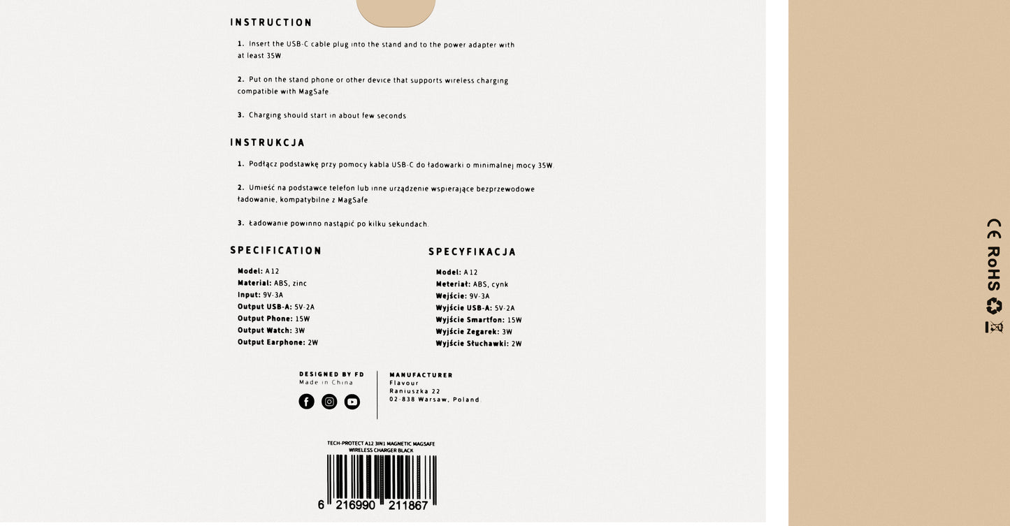 Trådløs nettladere Tech-Protect A12 3i1, 15W, 1,67A, Svart