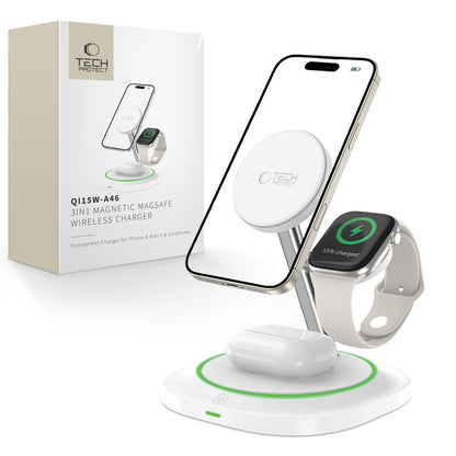 Trådløs nettverkslader Tech-Protect QI15W-A46 3in1, 15W, 1.67A, Hvit