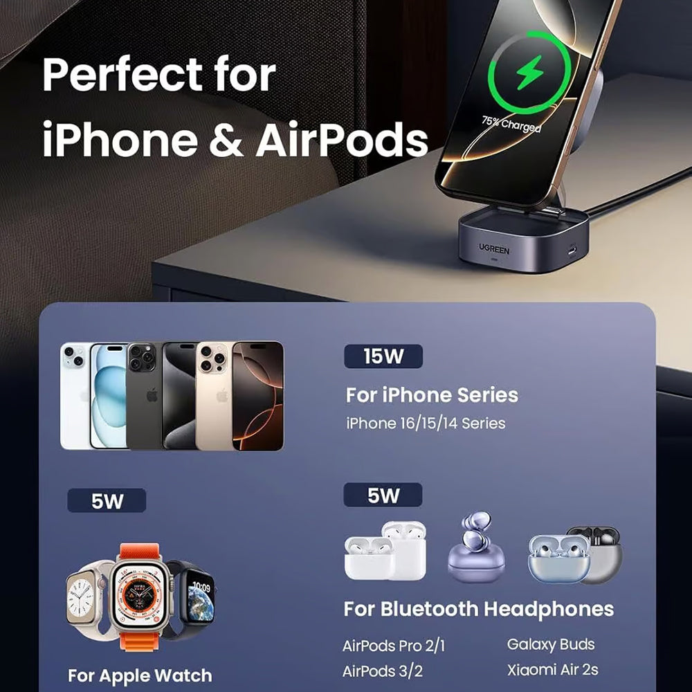 UGREEN W702 3in1 trådløs nettverkslader, 20W, 1.67A, 1 x USB-C, Svart