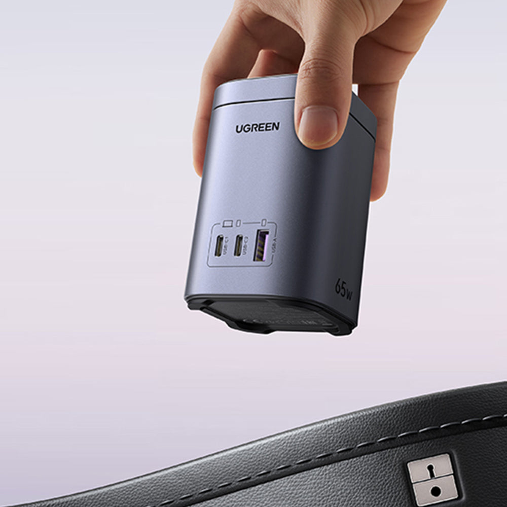 UGREEN X555 4in1 trådløs nettverkslader, 65W, 3.25A, 1 x USB-A - 2 x USB-C, Grå
