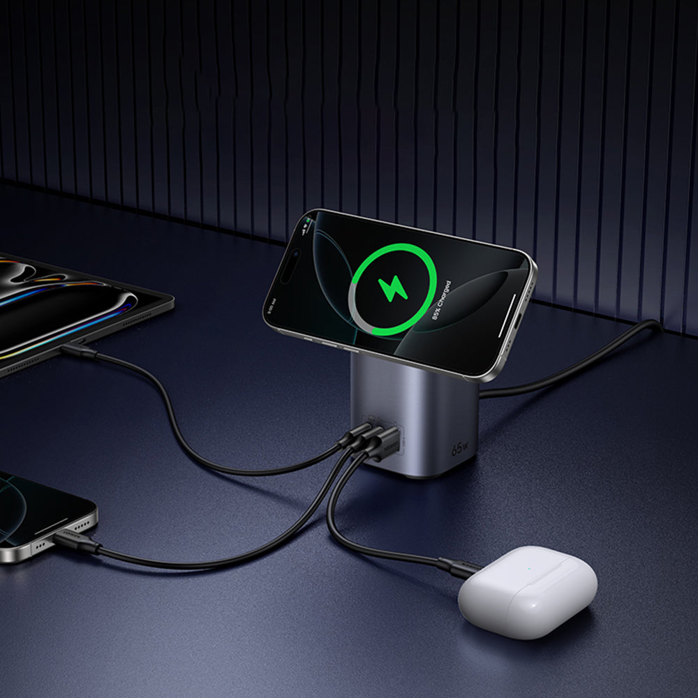 UGREEN X555 4in1 trådløs nettverkslader, 65W, 3.25A, 1 x USB-A - 2 x USB-C, Grå