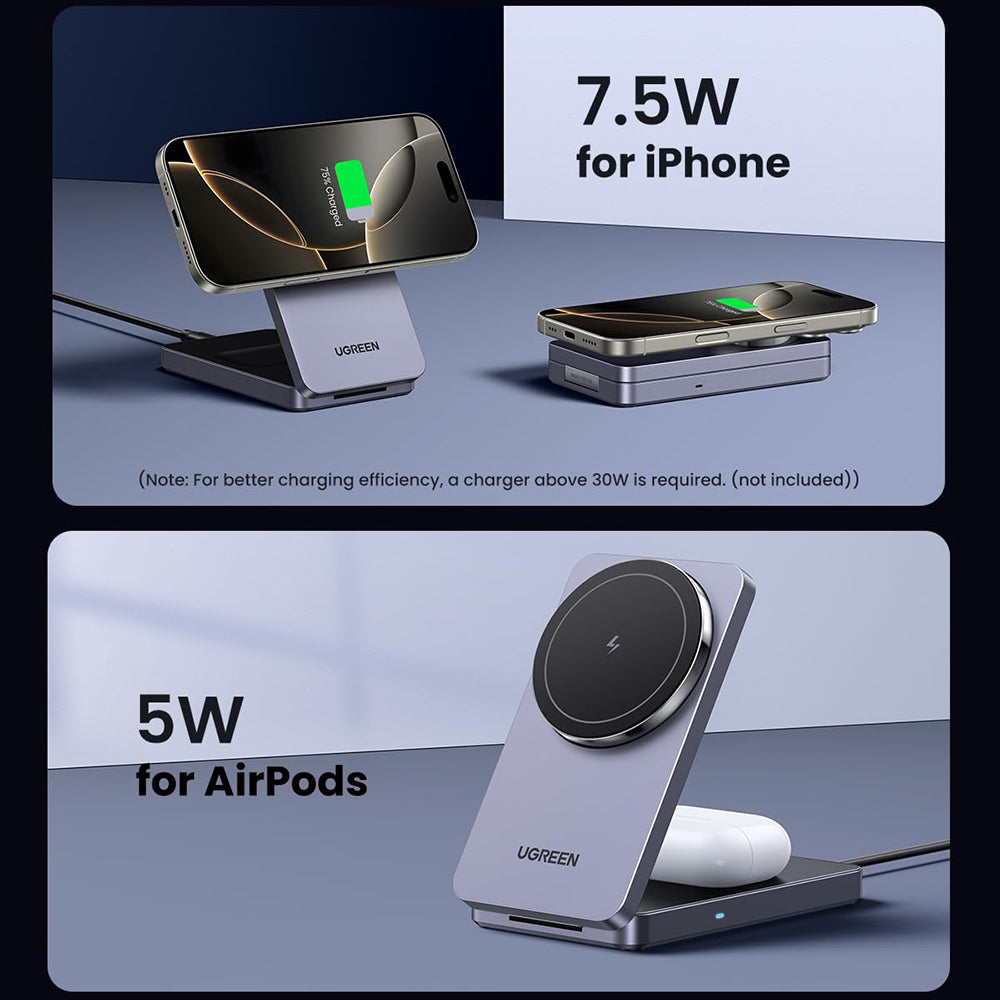 UGREEN W528 2in1 trådløs nettverkslader, 20W, 1.67A, Svart