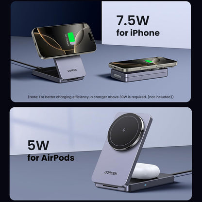 UGREEN W528 2in1 trådløs nettverkslader, 20W, 1.67A, Svart