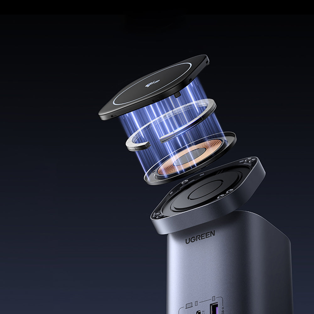 UGREEN X555 4in1 trådløs nettverkslader, 65W, 3.25A, 1 x USB-A - 2 x USB-C, Grå
