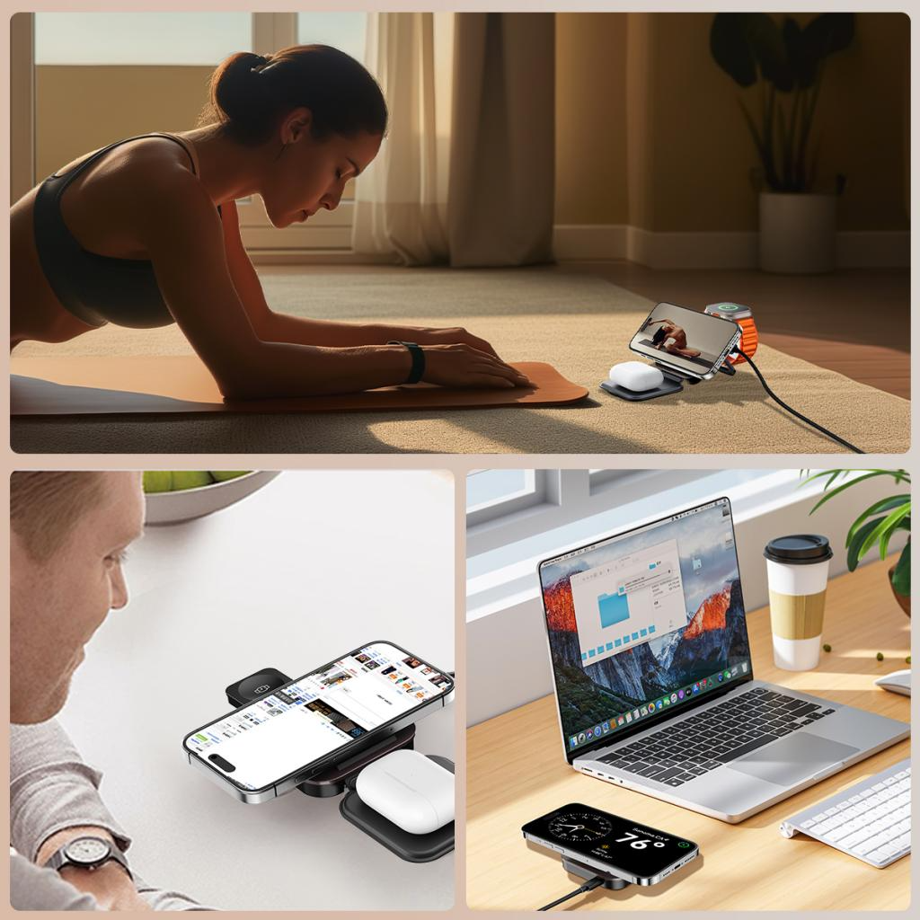 Trådløs Nettladere XO Design CX035 3i1, 15W, 1.67A, Svart, Reseglet