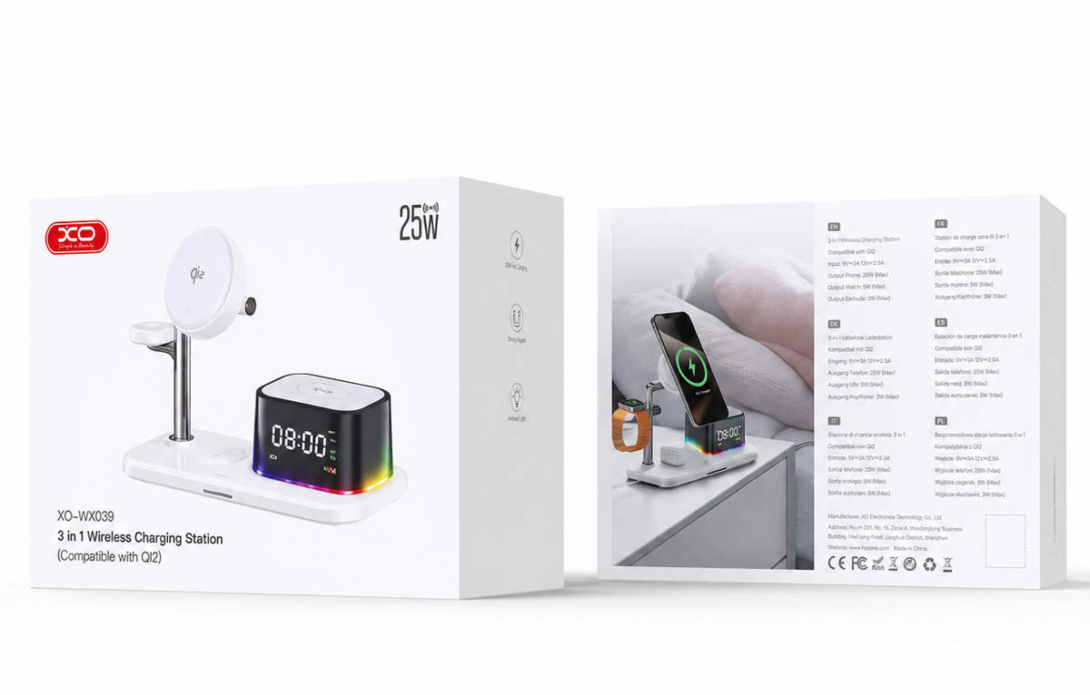 Trådløs Nettverkslader XO Design CX045 3i1, 25W, Hvit