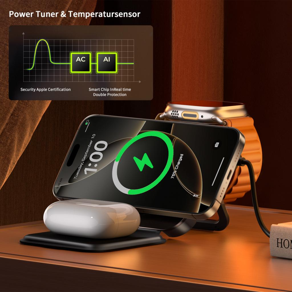 Trådløs Nettladere XO Design CX035 3i1, 15W, 1.67A, Svart, Reseglet