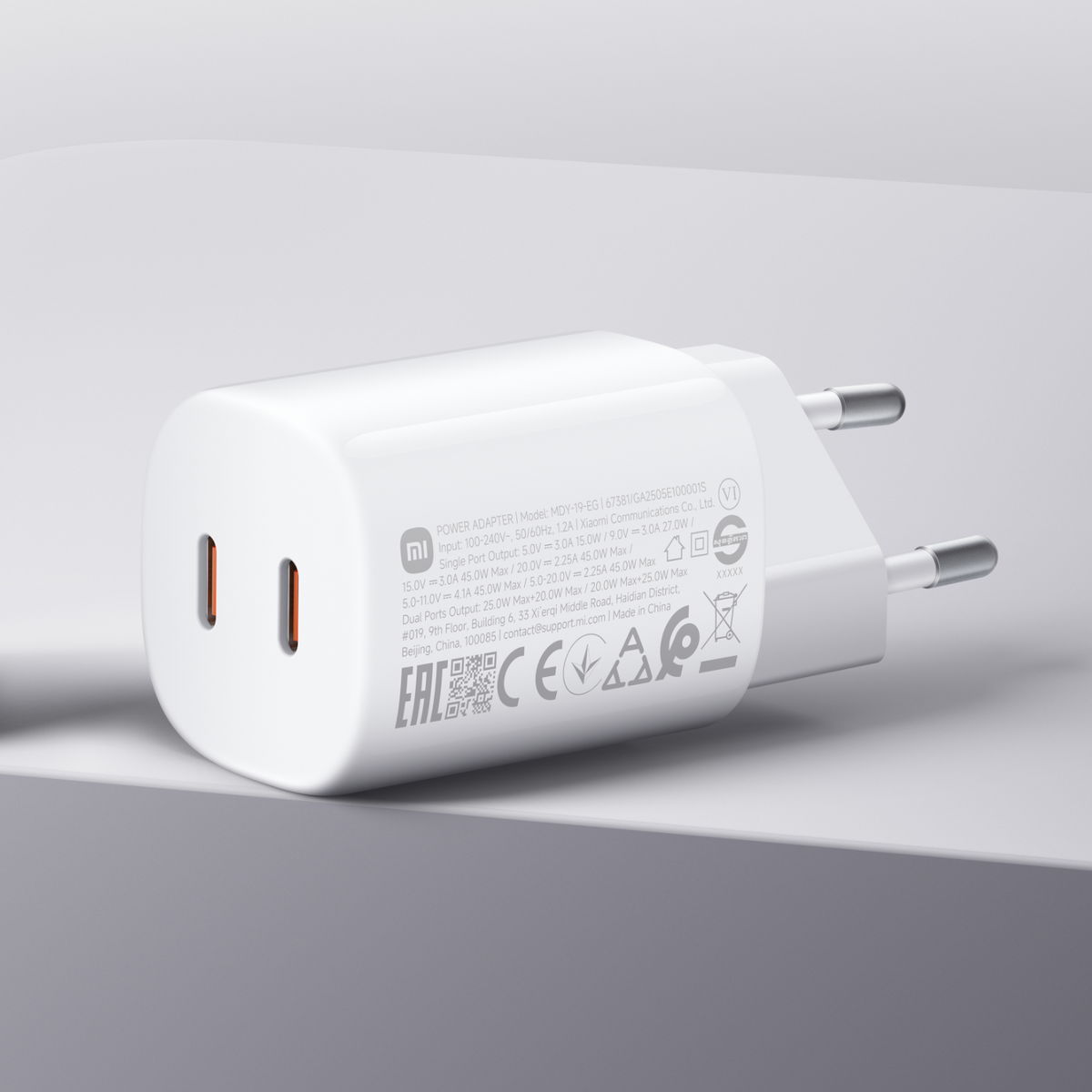 Xiaomi Nano Turbo Nettlader, 45W, 3A, 2 x USB-C, Hvit BHR087OEU