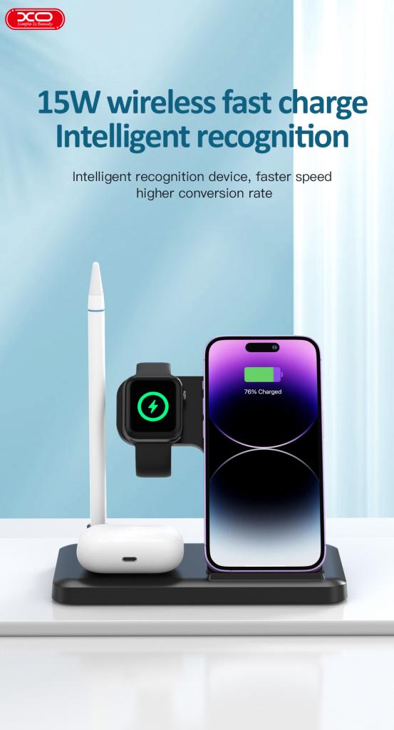 Trådløs Nettverkslader XO Design WX033 4in1, 15W, 1.67A, Svart