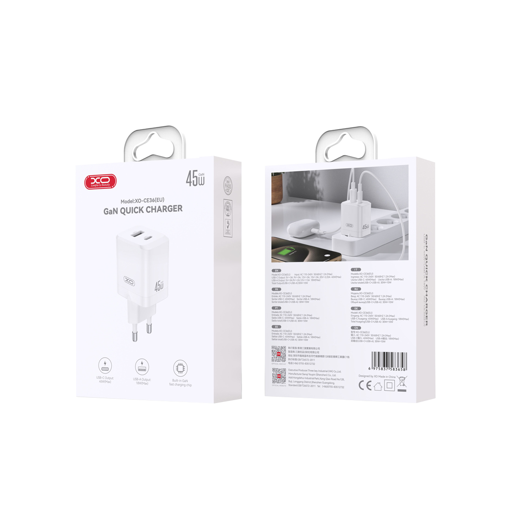 XO Design CE36 nettverkslader, 45W, 3A, 1 x USB-A - 1 x USB-C, Hvit