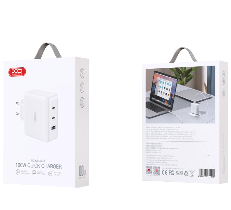 Nettlader XO Design CE14, 100W, 3,25A, 1 x USB-A - 2 x USB-C, Hvit