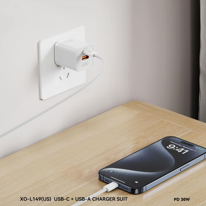 XO Design L149 Nettlader, 30W, 3A, 1 x USB-A - 1 x USB-C, Hvit