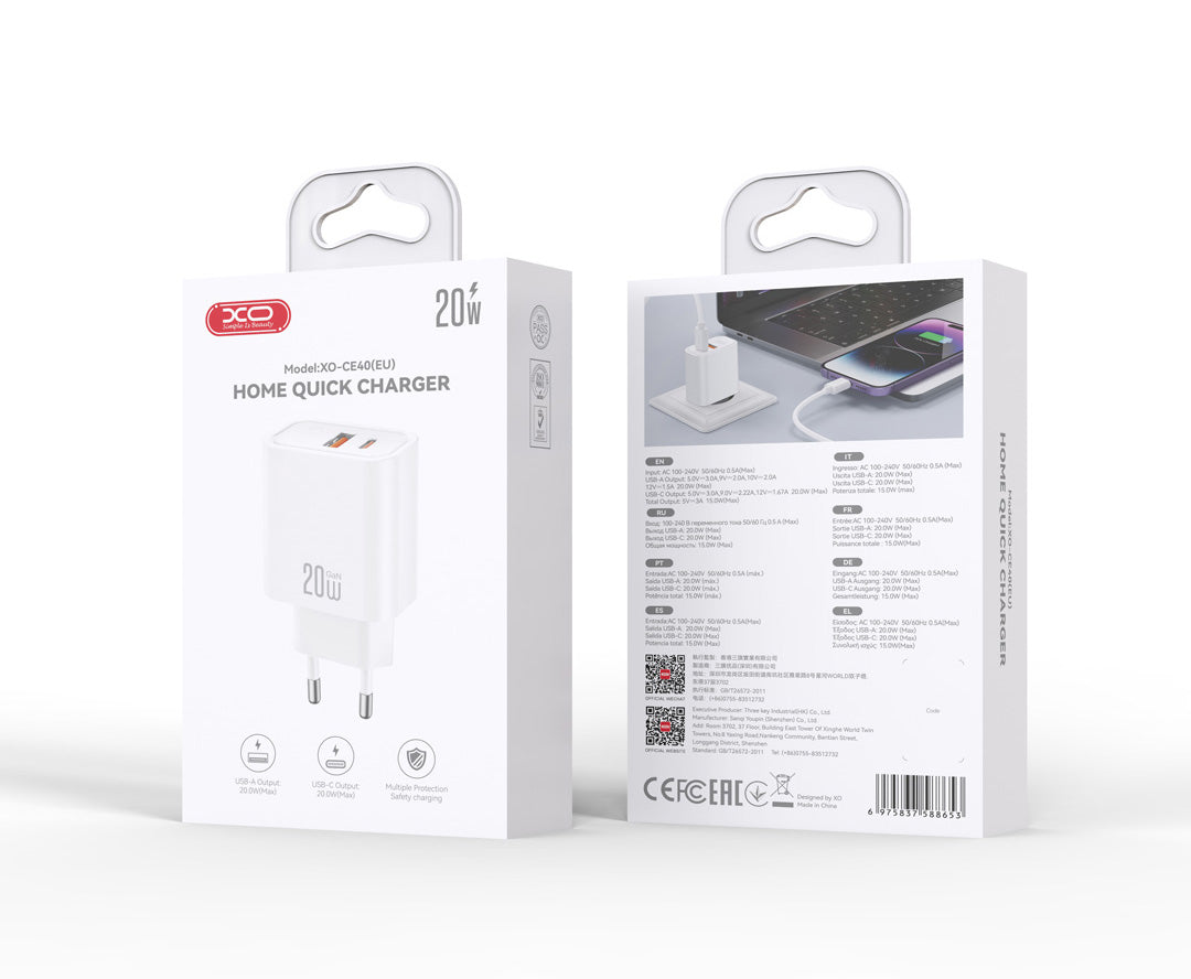 XO Design CE40 Nettlader, 20W, 3A, 1 x USB-A - 1 x USB-C, Hvit