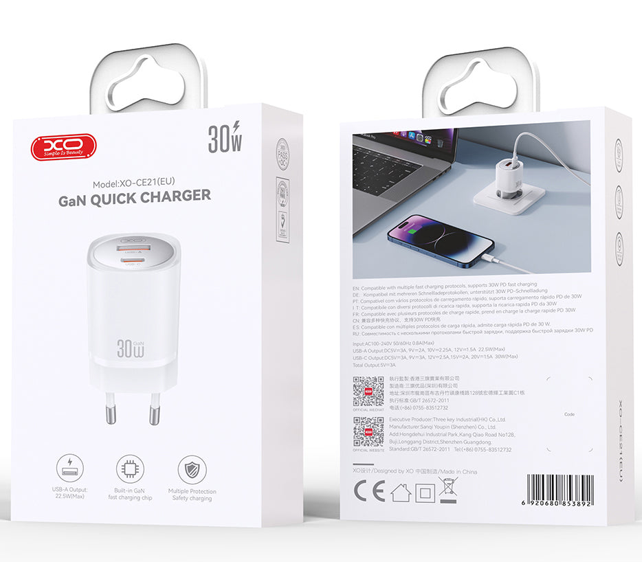 Nettlader XO Design CE21, 30W, 3A, 1 x USB-A - 1 x USB-C, Hvit