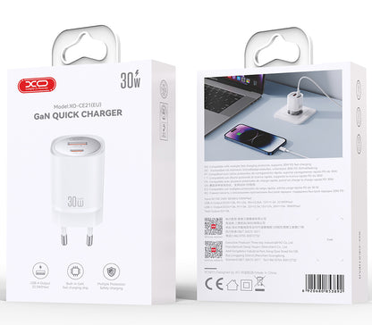 Nettlader XO Design CE21, 30W, 3A, 1 x USB-A - 1 x USB-C, Hvit