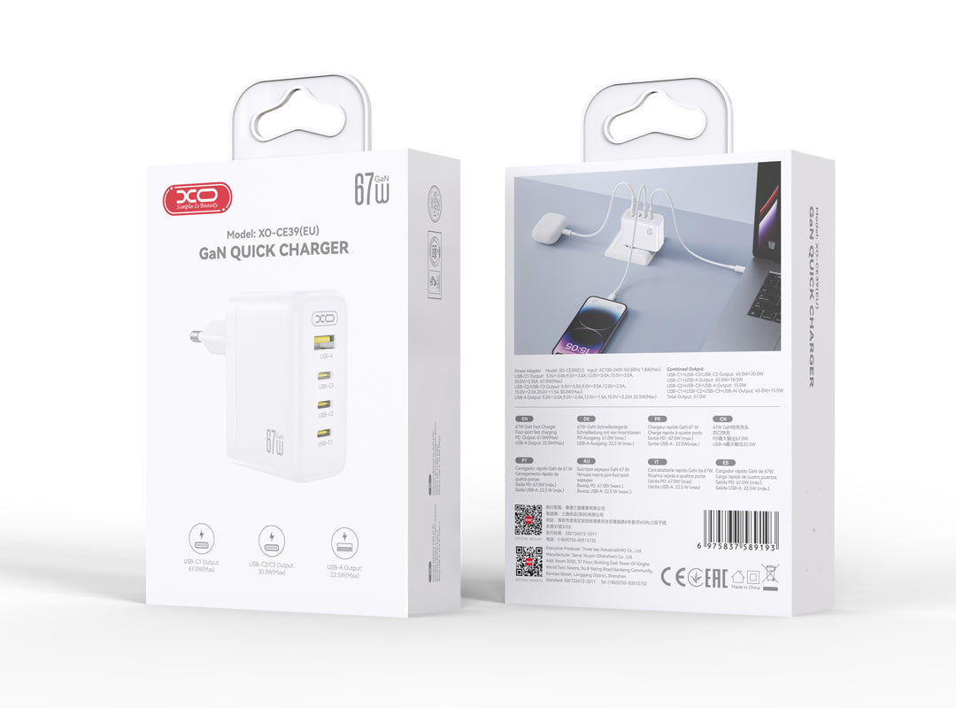 XO Design CE39 Nettadapter, 67W, 3A, 1 x USB-A - 3 x USB-C, Hvit