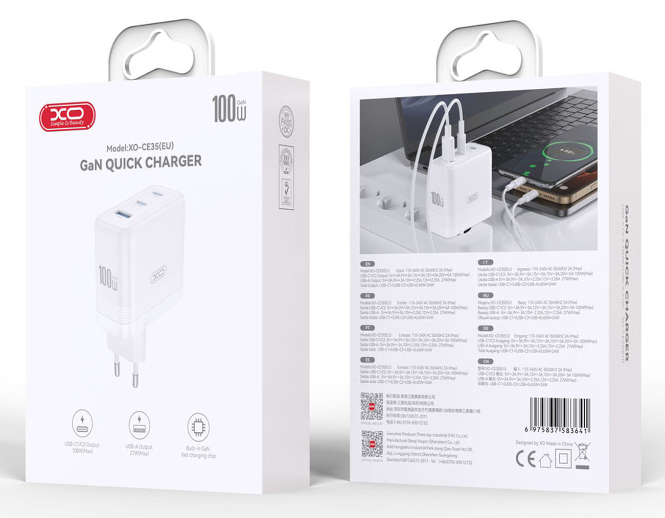 Nettlader XO Design CE35, 100W, 5A, 1 x USB-A - 2 x USB-C, Hvit
