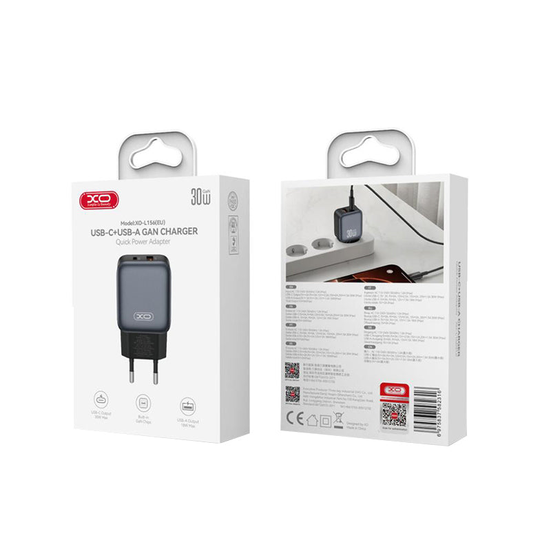 XO Design L156 Nettlader, 30W, 3A, 1 x USB-A - 1 x USB-C, Svart