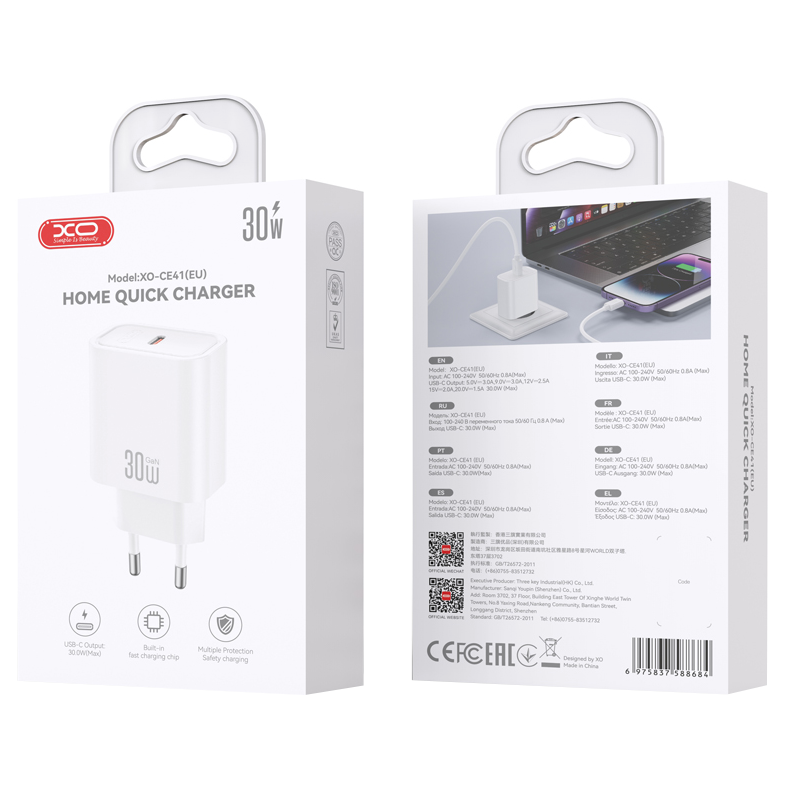 XO Design CE41 nettadapter, 30W, 3A, 1 x USB-C, hvit