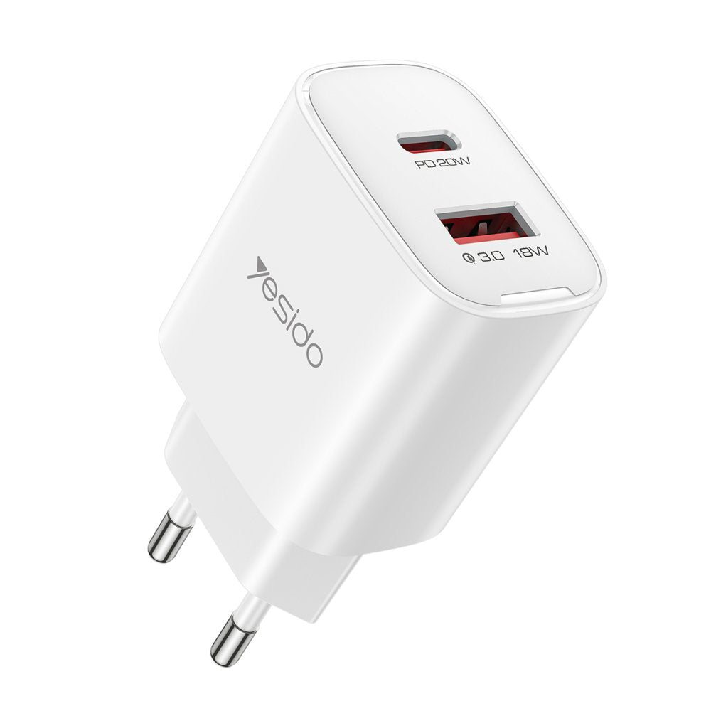 Nettlader Yesido YC02E, 20W, 3A, 1 x USB-A - 1 x USB-C, Hvit
