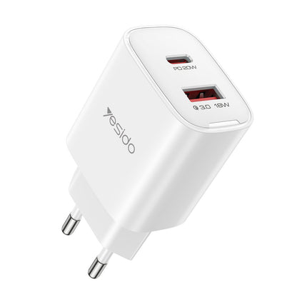 Nettlader Yesido YC02E, 20W, 3A, 1 x USB-A - 1 x USB-C, Hvit