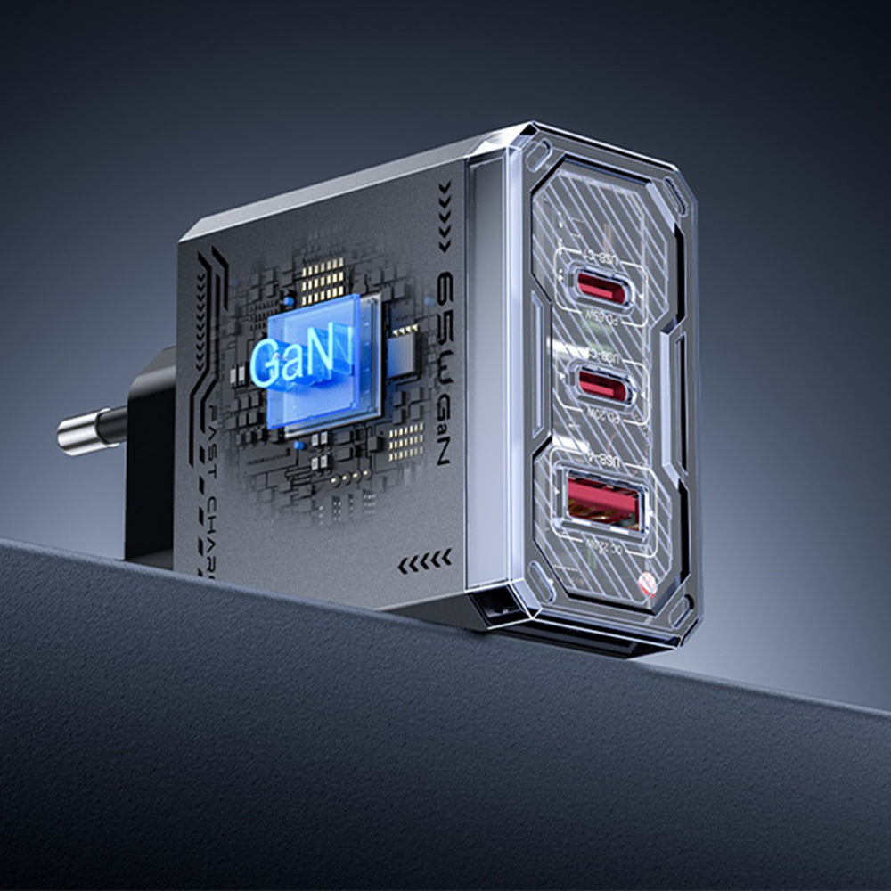 Yesido YC101 nettverkslader, 65W, 3.25A, 1 x USB-A - 2 x USB-C, Svart