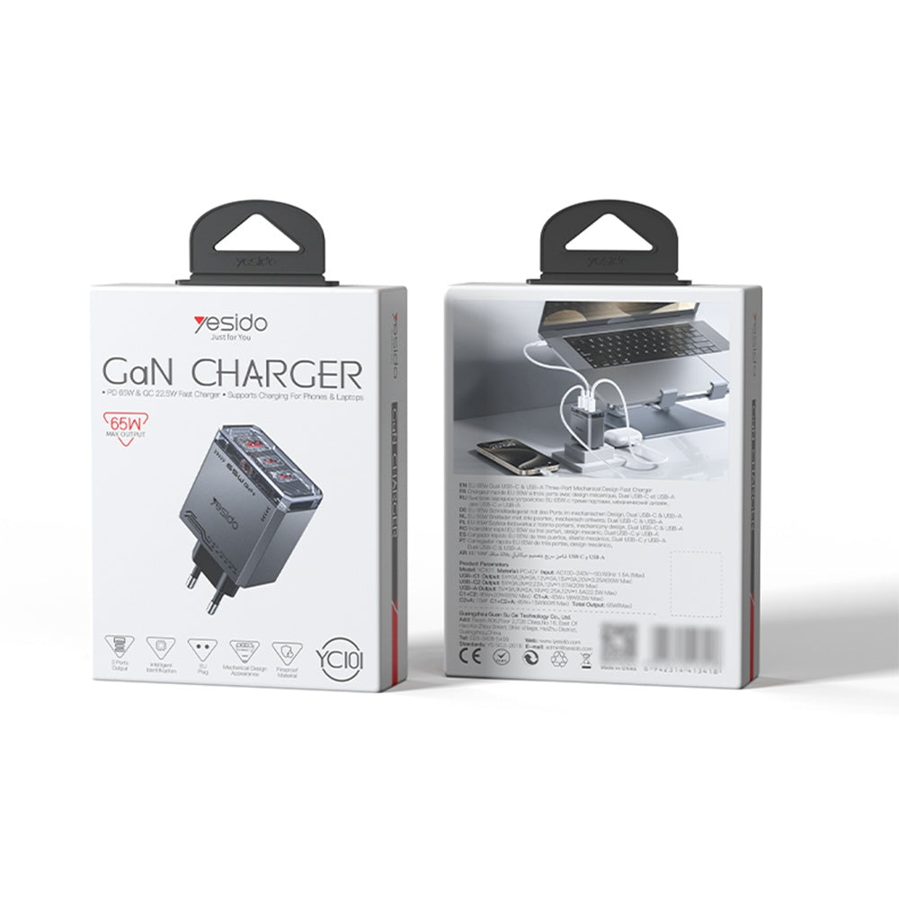 Yesido YC101 nettverkslader, 65W, 3.25A, 1 x USB-A - 2 x USB-C, Svart